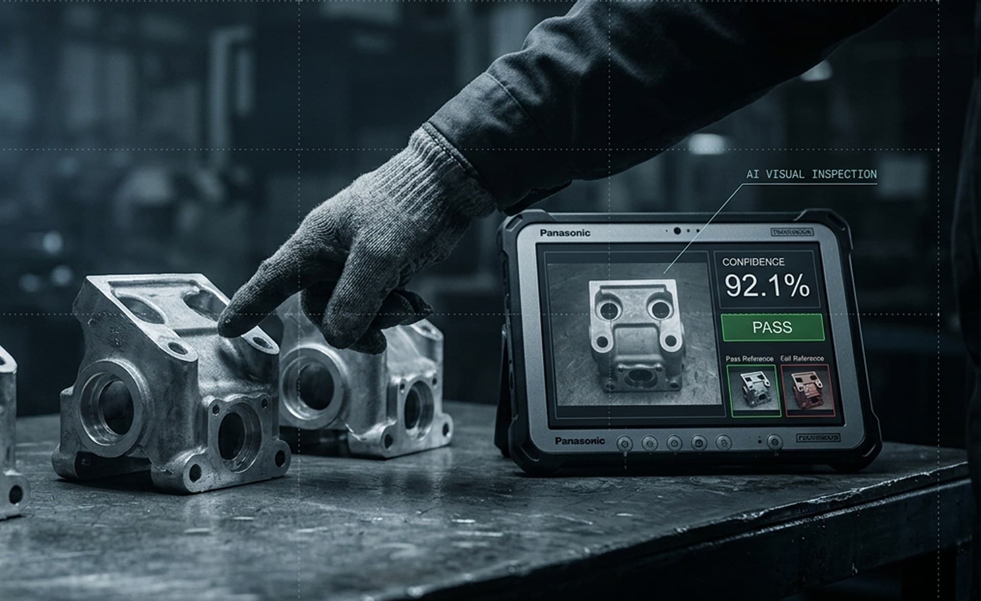 AI visual inspection on the shop floor, scoring a part with live confidence